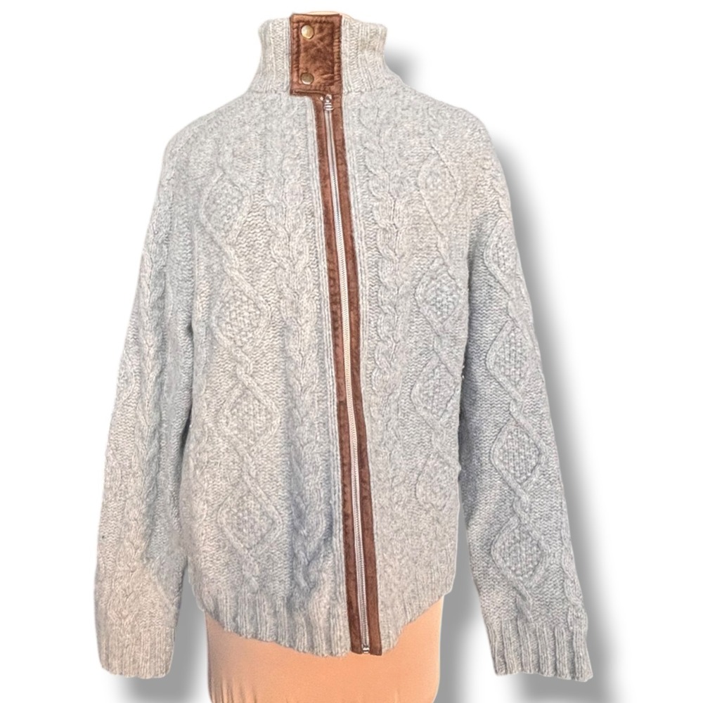 Blarney Woollen Mills Grey Lambswool Cable Knit Full Zip Fisherman Cardigan XXL